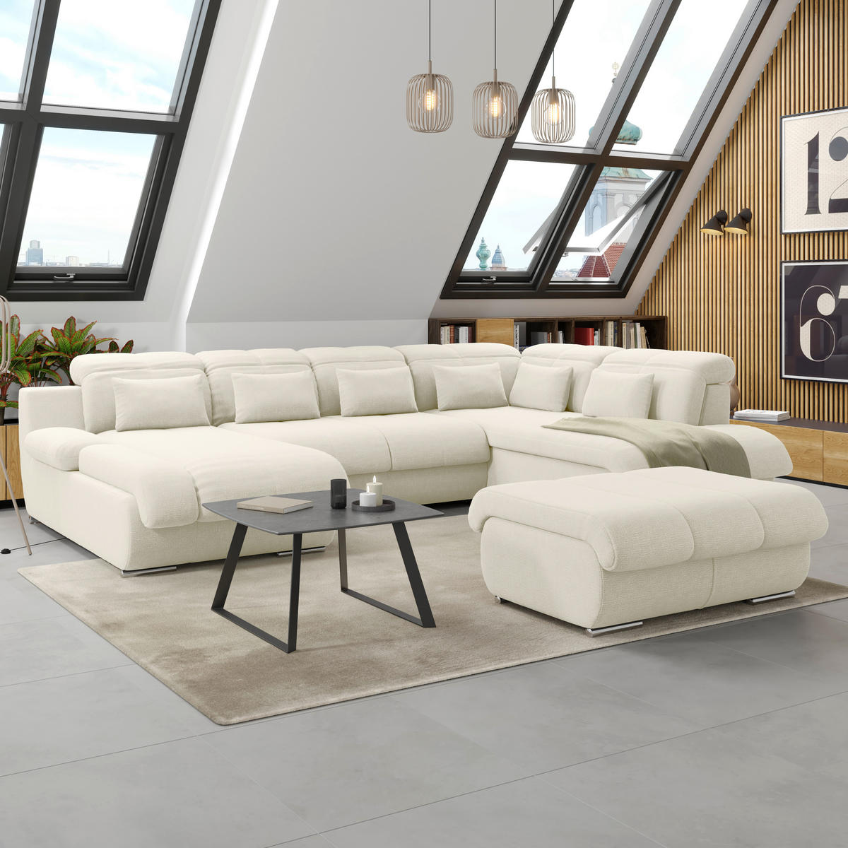 WOHNLANDSCHAFT MULTI Elfenbein Chenille  - Chromfarben/Elfenbein, MODERN, Textil/Metall (184/345/228cm) - Livetastic
