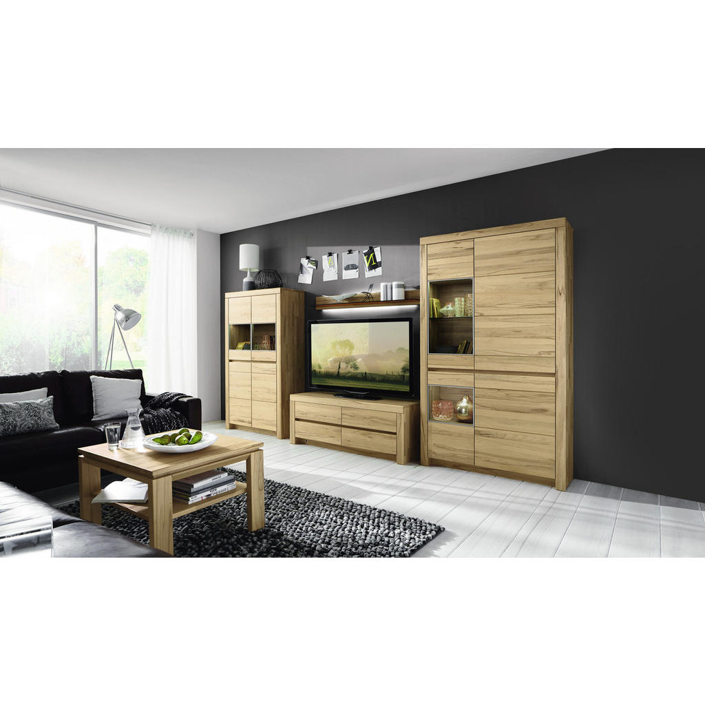 Thumbnail - Valdera Wohnwand Lugano, Buche, Holz, Glas, Kernbuche, massiv, 10 Fächer, 3 Schubladen, 376.9x200.8x51.7 cm, Goldenes M,...
