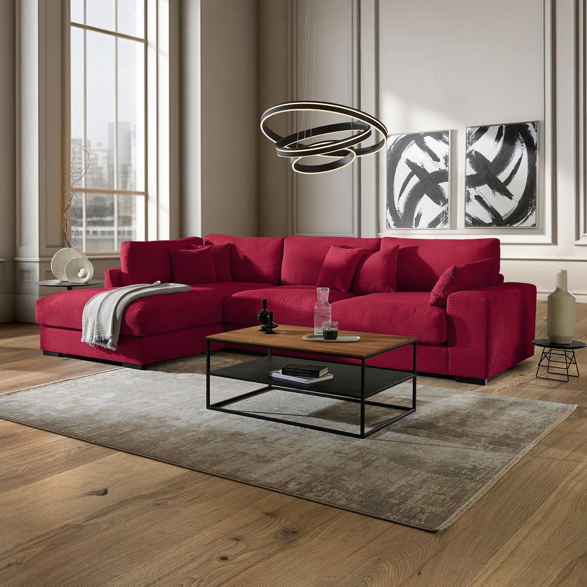 ECKSOFA in Cord Rot  - Rot/Schwarz, Design, Kunststoff/Textil (205/340cm) - Lomoco
