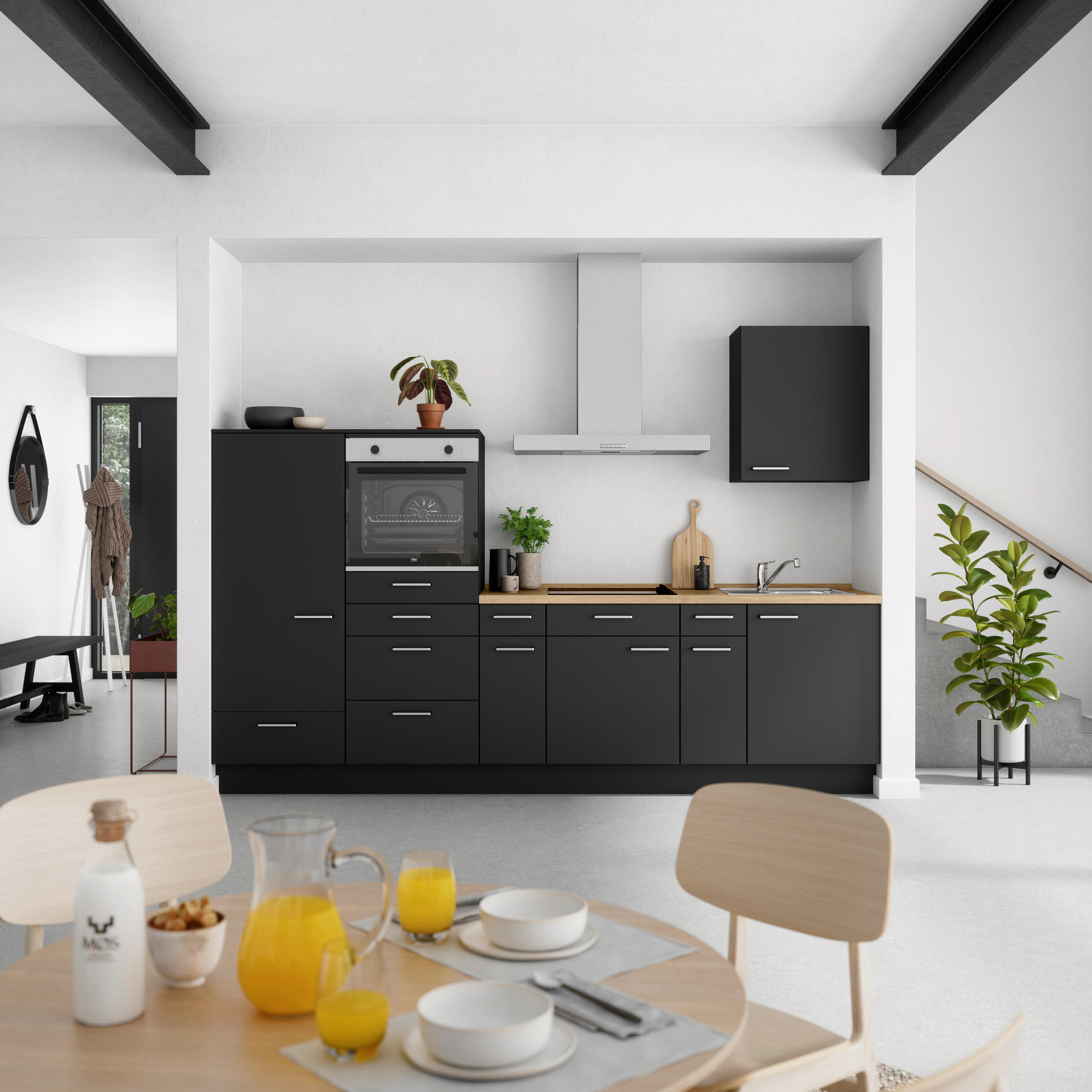 KÜCHENBLOCK 300 cm   in Schwarz, Eichefarben  - Edelstahlfarben/Eichefarben, MODERN, Holzwerkstoff/Metall (300cm) - Nobilia