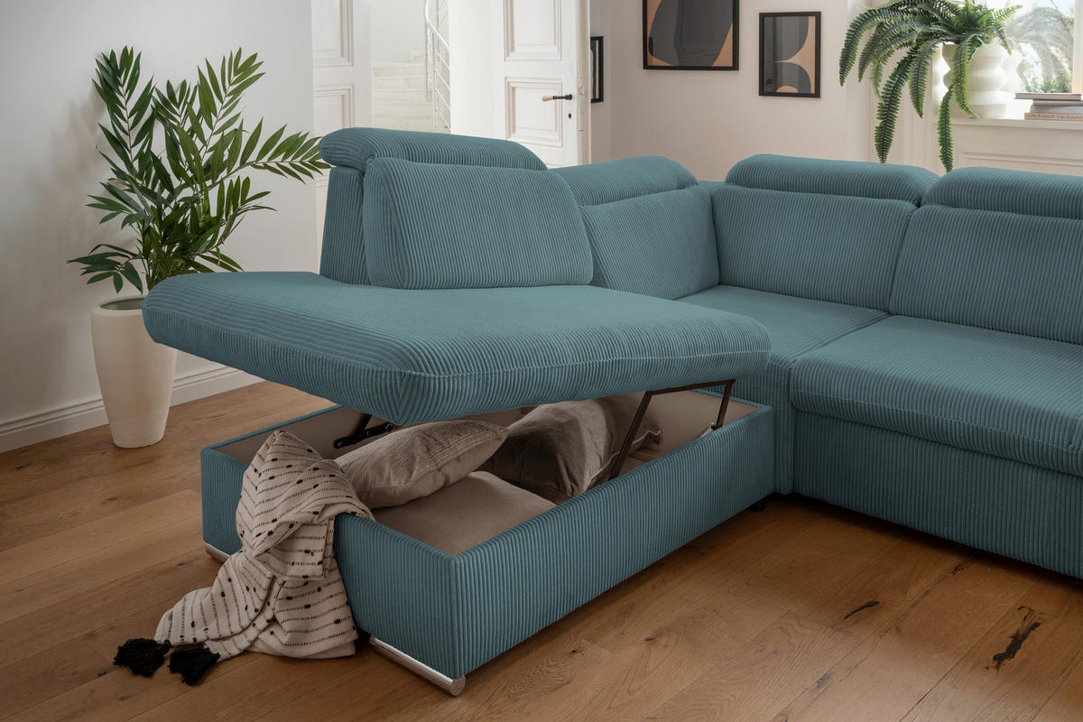 ECKSOFA Cord Petrol  - Chromfarben/Petrol, Design, Textil/Metall (228/283cm) - Livetastic