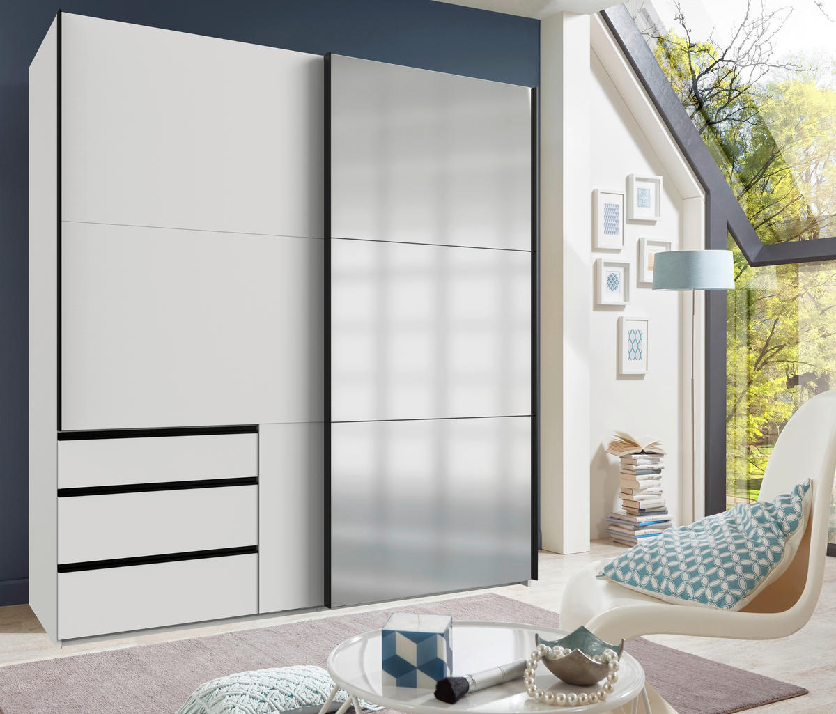 SCHWEBETÜRENSCHRANK 200/216/65 cm 2-türig Weiß  - Schwarz/Weiß, MODERN, Glas/Holzwerkstoff (200/216/65cm) - MID.YOU