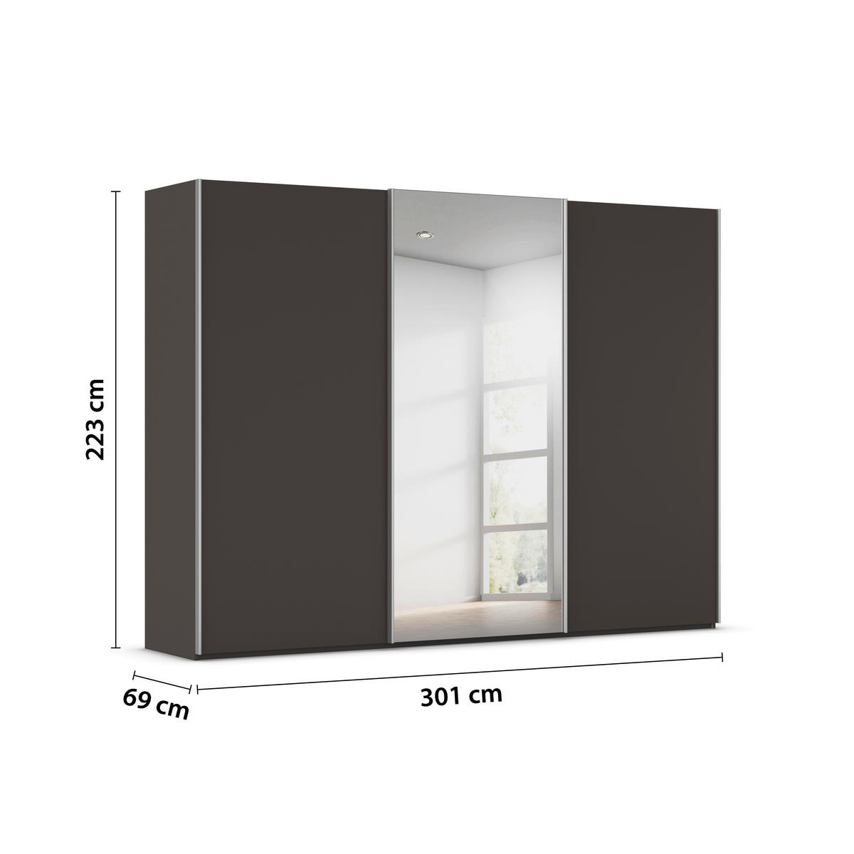 SCHWEBETÜRENSCHRANK 301/223/69 cm,  in Graphitfarben, Alufarben, 3 Tür(en)  - Alufarben/Graphitfarben, Basics, Glas/Holzwerkstoff (301/223/69cm) - Rauch Möbel
