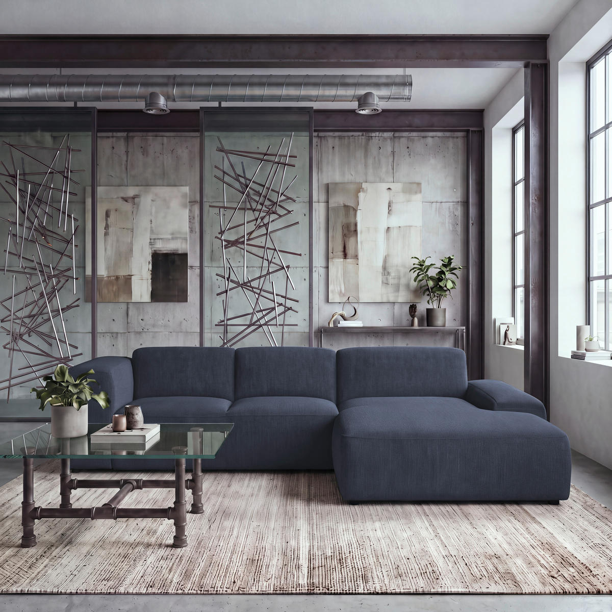 ECKSOFA HANNAH Blau Cord  - Blau/Schwarz, Design, Kunststoff/Textil (304/200cm) - MID.YOU