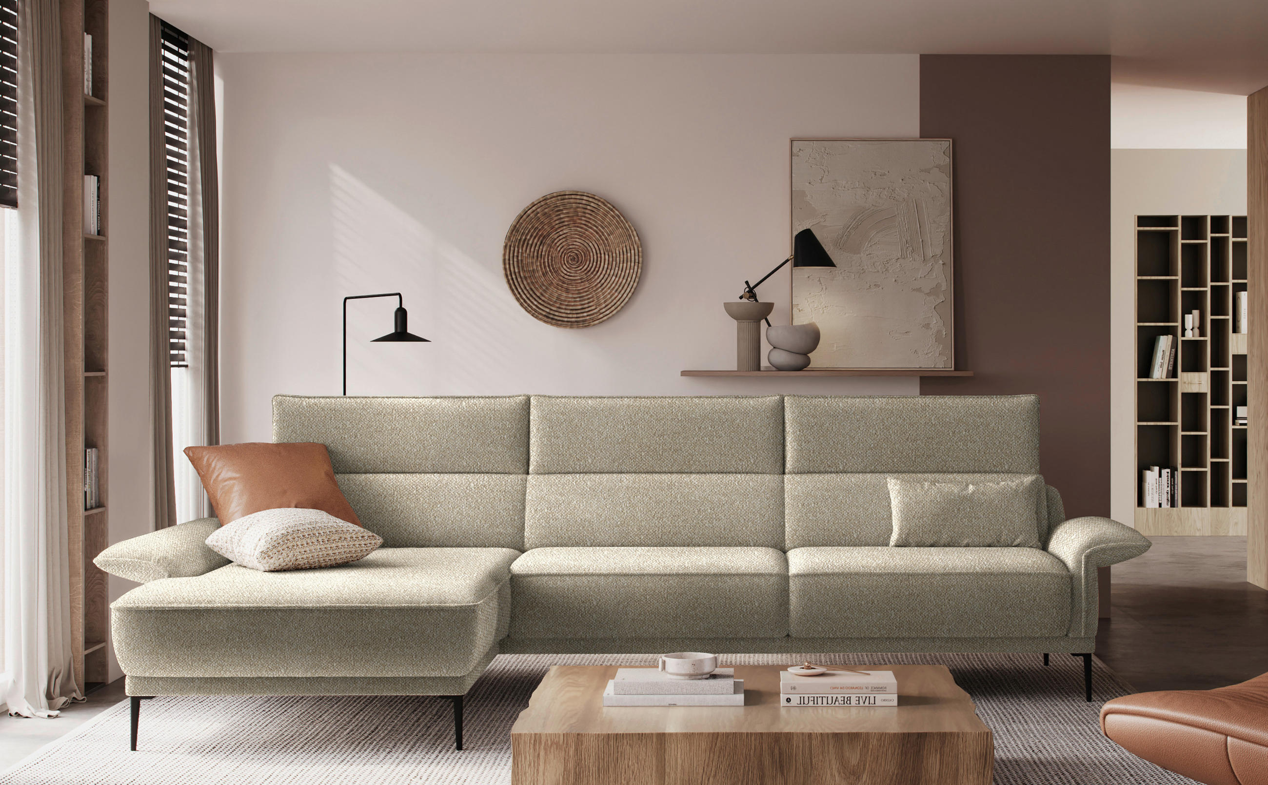 ECKSOFA in Bouclé Beige  186/330 cm  - Beige/Schwarz, MODERN, Textil/Metall (186/330cm) - Johann Jakob