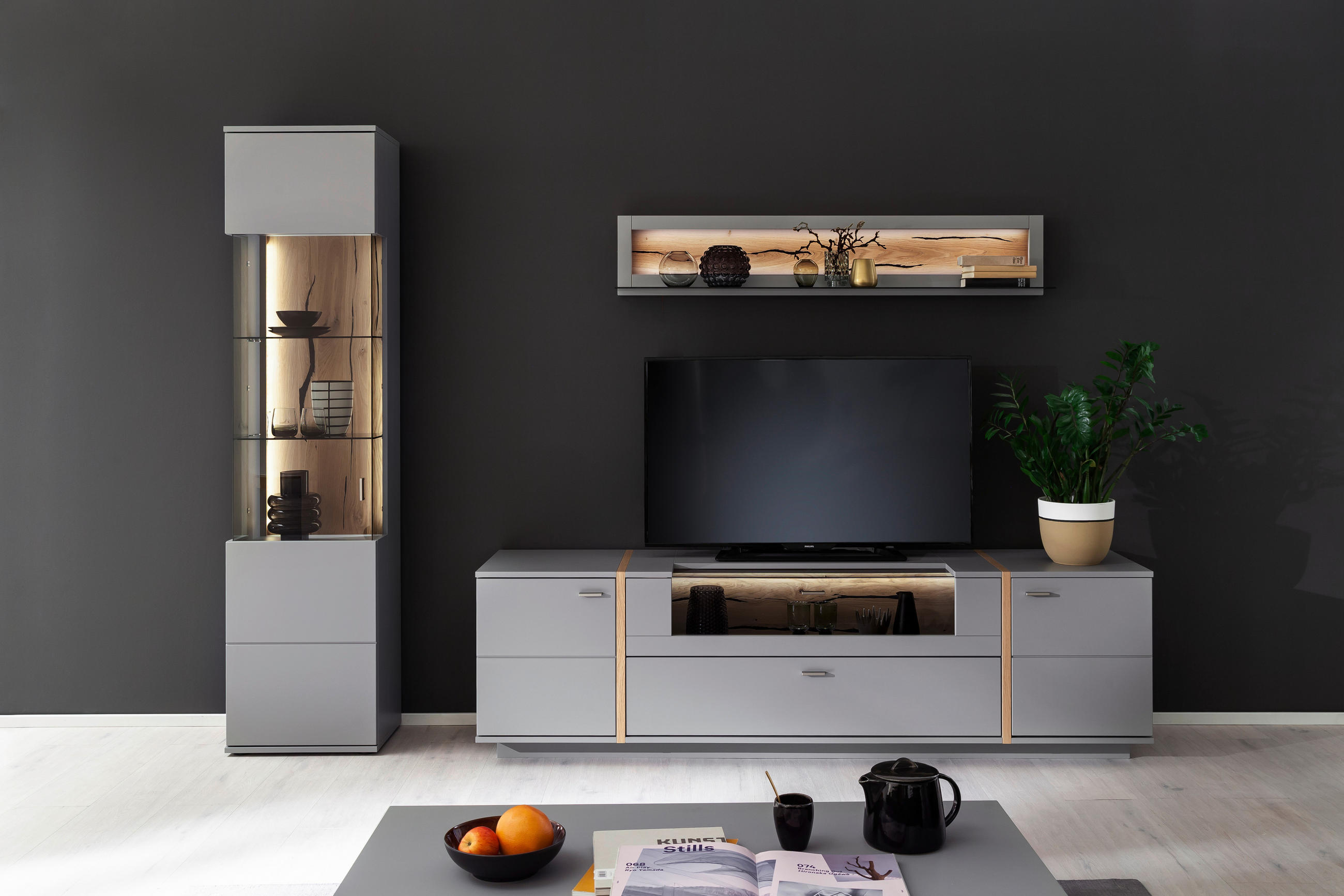 HYLLKOMBINATION i grå, ekfärgad 276/207/50 cm - grå/nickelfärgad, Design, metall/trämaterial (276/207/50cm) - MID.YOU