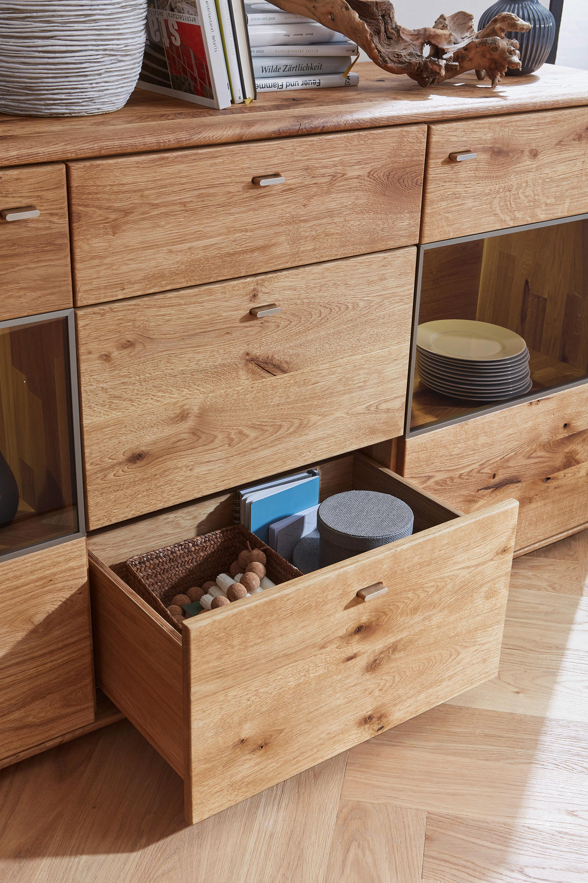 SIDEBOARD Denver  in 175/90/45 cm  - Champagner/Eichefarben, KONVENTIONELL, Glas/Holz (175/90/45cm) - Linea Natura