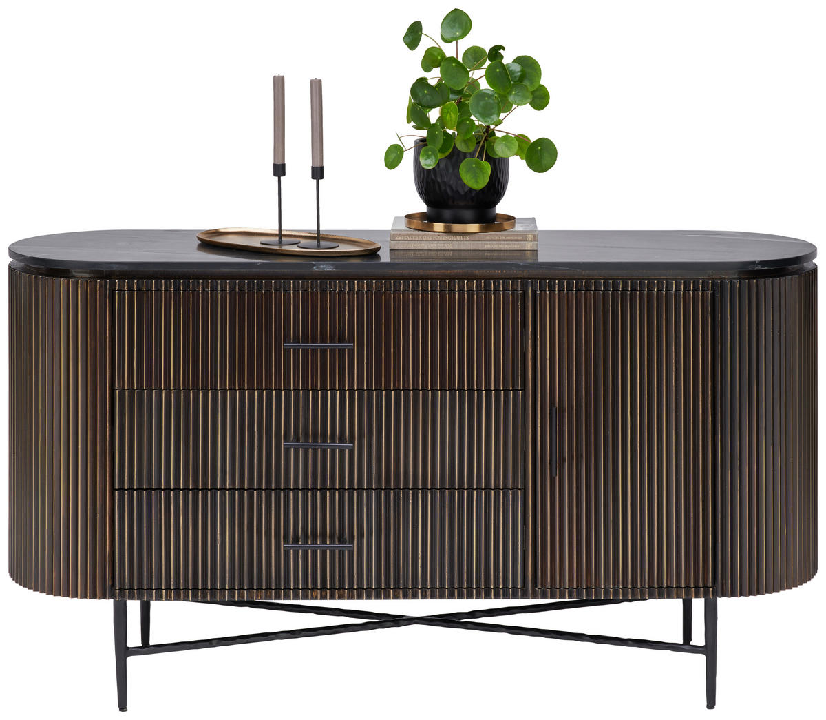 TÁLALÓSZEKRÉNY 150/80/40 cm  - fekete/sárgaréz, Trend, faalapú anyag/kő (150/80/40cm) - Ambia Home