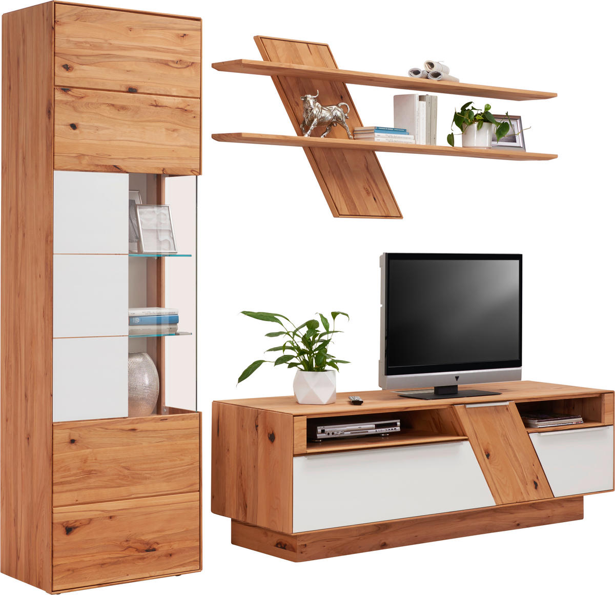 WOHNWAND  in Weiß, Buchefarben  274/206/54 cm  - Edelstahlfarben/Buchefarben, Natur, Glas/Holz (274/206/54cm) - Valnatura