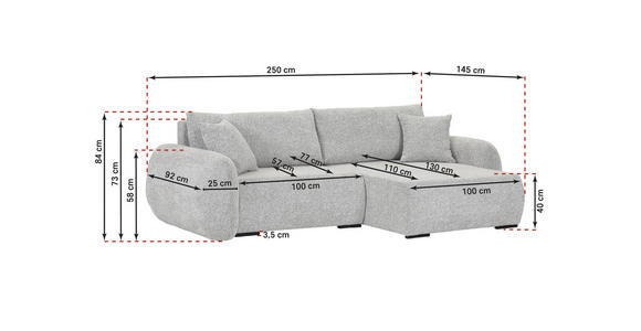 ECKSOFA Grau Flachgewebe Zierkissen, Rückenkissen, Bettkasten, Schlaffunktion, Rücken echt, Liegefläche im Originalstoff  - Schwarz/Grau, KONVENTIONELL, Kunststoff/Textil (250/145cm) - Carryhome