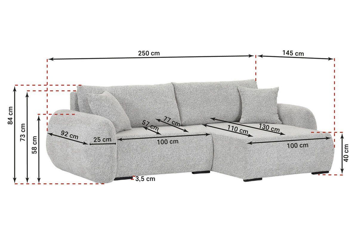 ECKSOFA Grau Flachgewebe Zierkissen, Rückenkissen, Bettkasten, Schlaffunktion, Rücken echt, Liegefläche im Originalstoff  - Schwarz/Grau, KONVENTIONELL, Kunststoff/Textil (250/145cm) - Carryhome