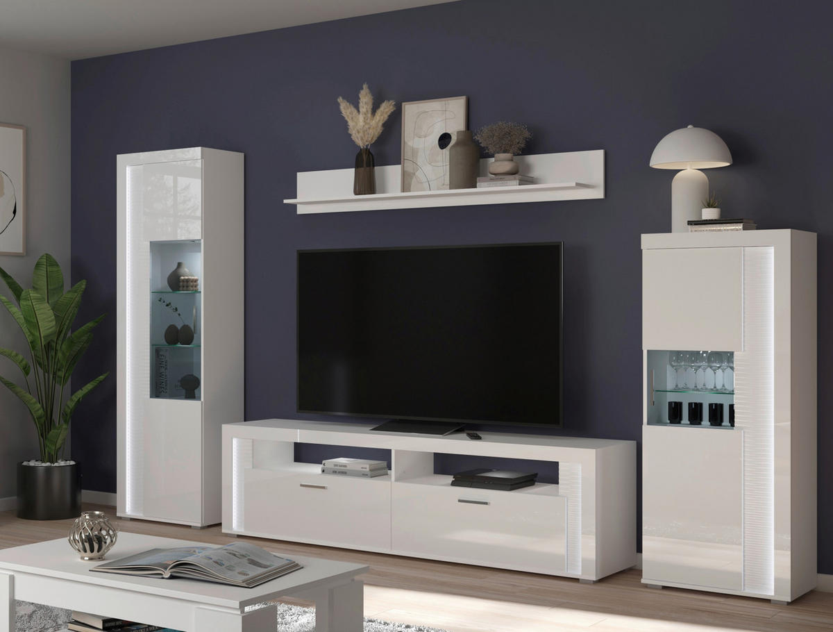 OBÝVACÍ STĚNA, vysoce lesklá bílá - barvy stříbra/vysoce lesklá bílá, Design, kompozitní dřevo/plast (351/202/46cm) - MID.YOU
