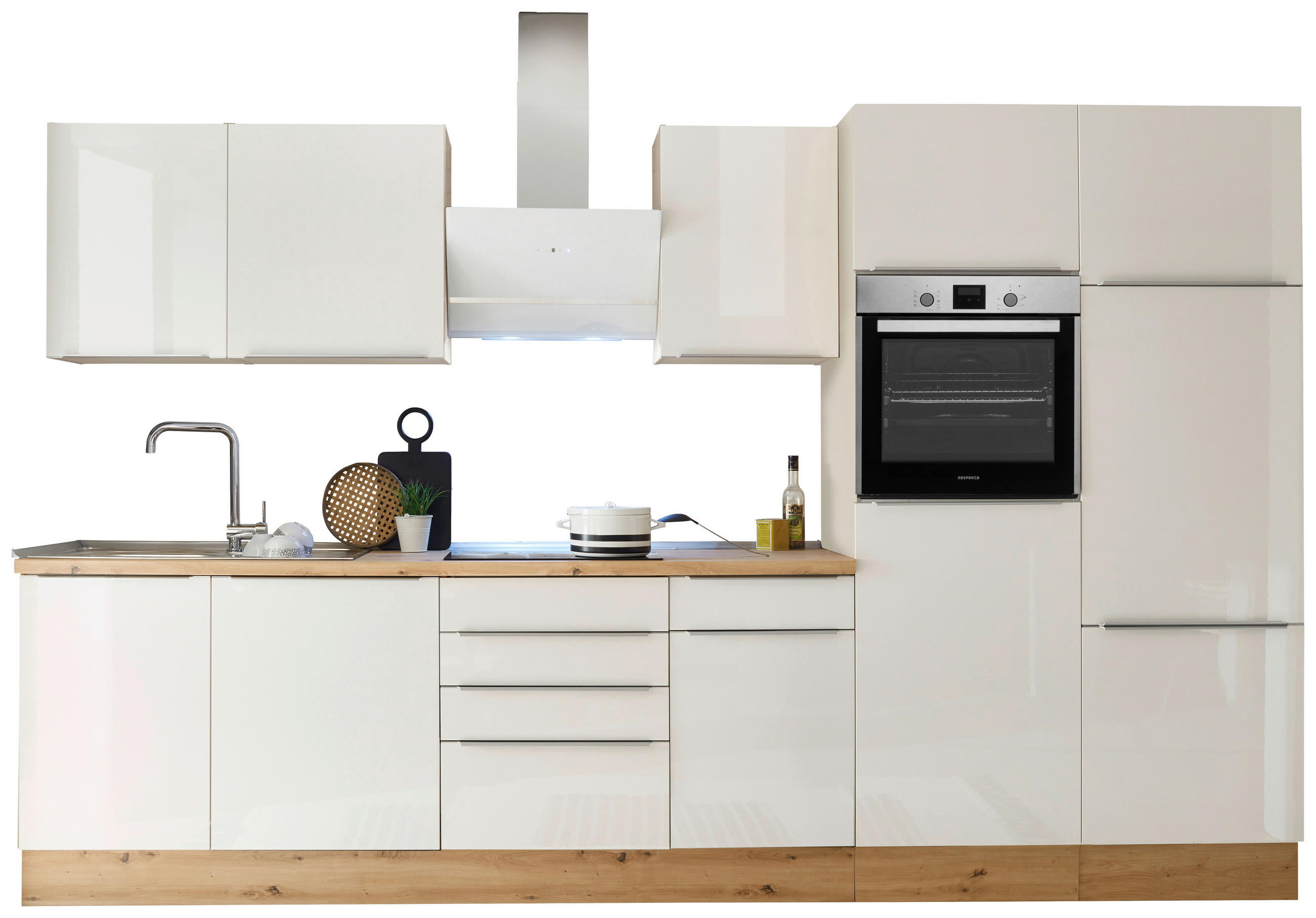 KÜCHENBLOCK 340 cm   in Weiß, Weiß Hochglanz  - Weiß Hochglanz/Alufarben, LIFESTYLE, Holzwerkstoff/Kunststoff (340cm) - Respekta