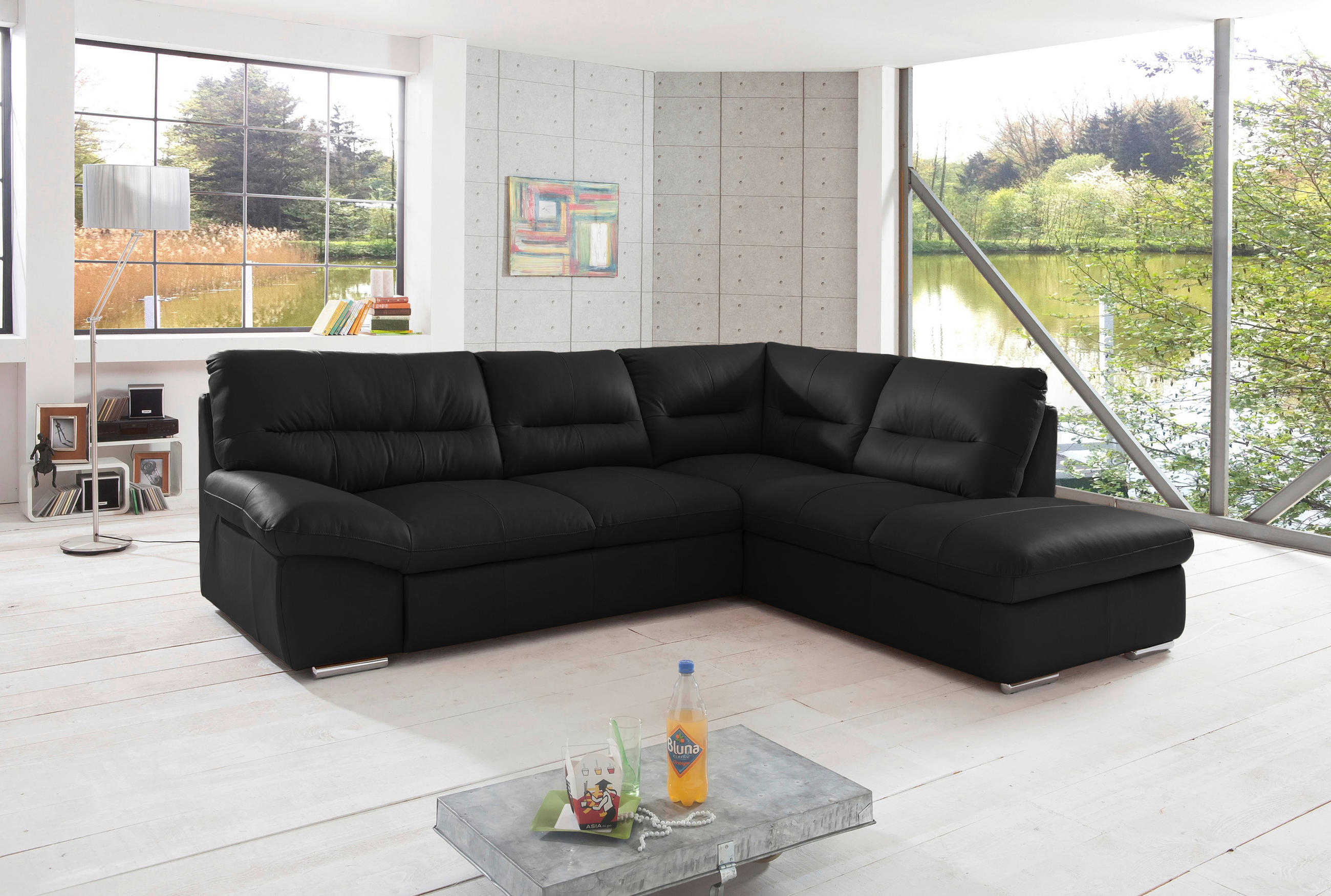 ECKSOFA in Echtleder Schwarz  - Chromfarben/Schwarz, Design, Leder/Metall (268/216cm) - Livetastic