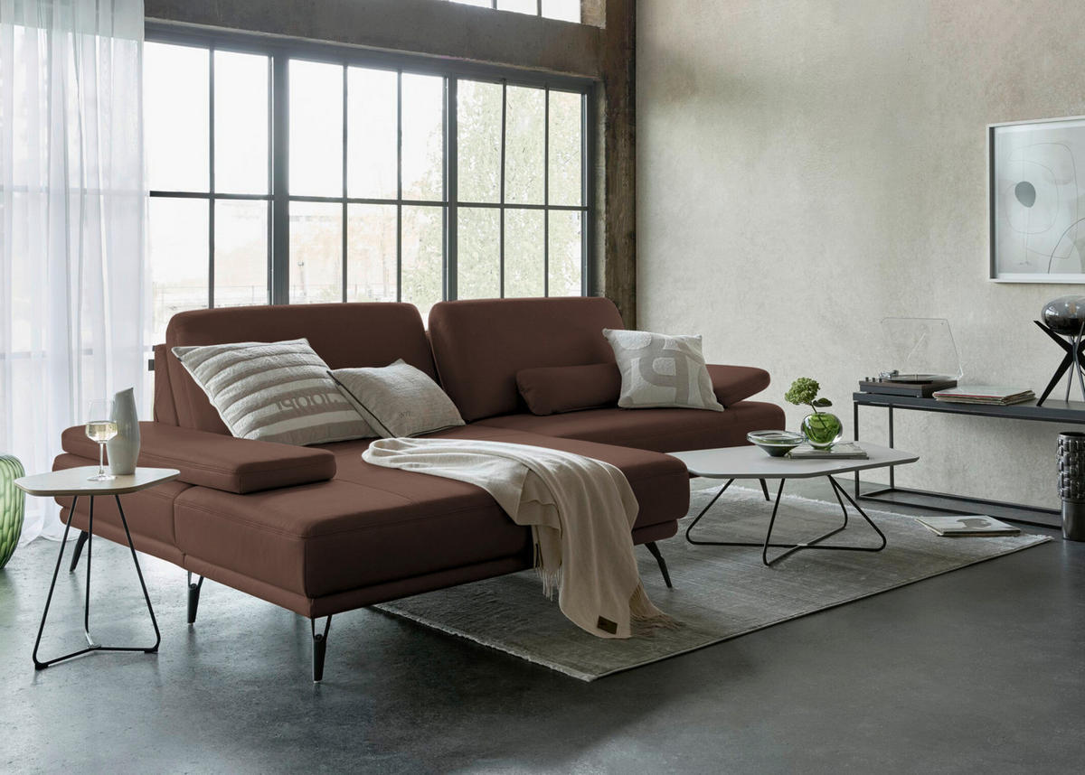 ECKSOFA Echtleder Mokka  - Schwarz/Mokka, Konventionell, Leder/Metall (180/301cm) - Joop!