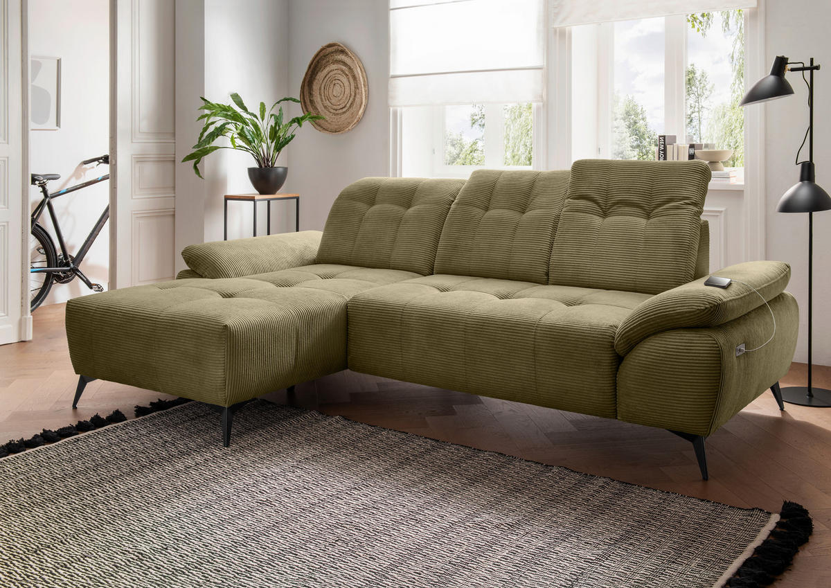 ECKSOFA Cord Olivgrün  - Schwarz/Olivgrün, Modern, Textil/Metall (180/280cm) - Livetastic