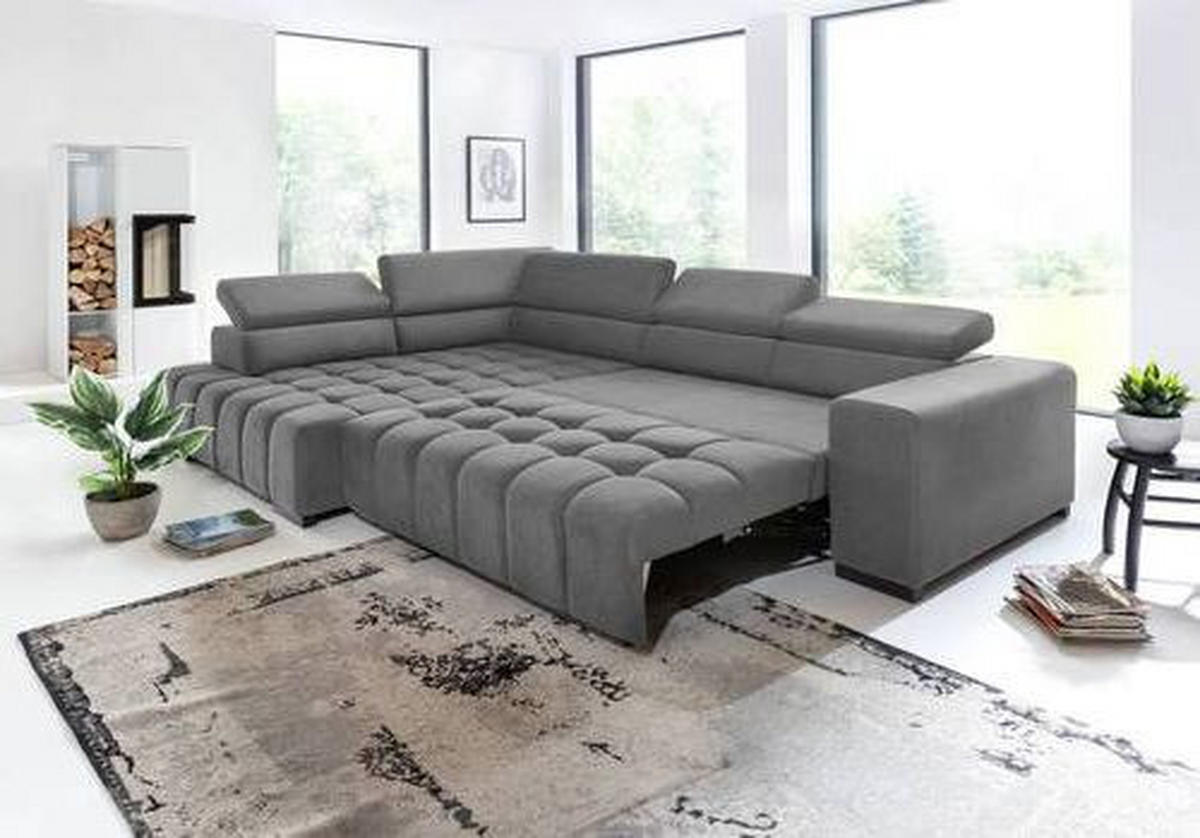 ECKSCHLAFSOFA Grau Velours  - Schwarz/Grau, Design, Holz/Textil (201/307cm) - Livetastic