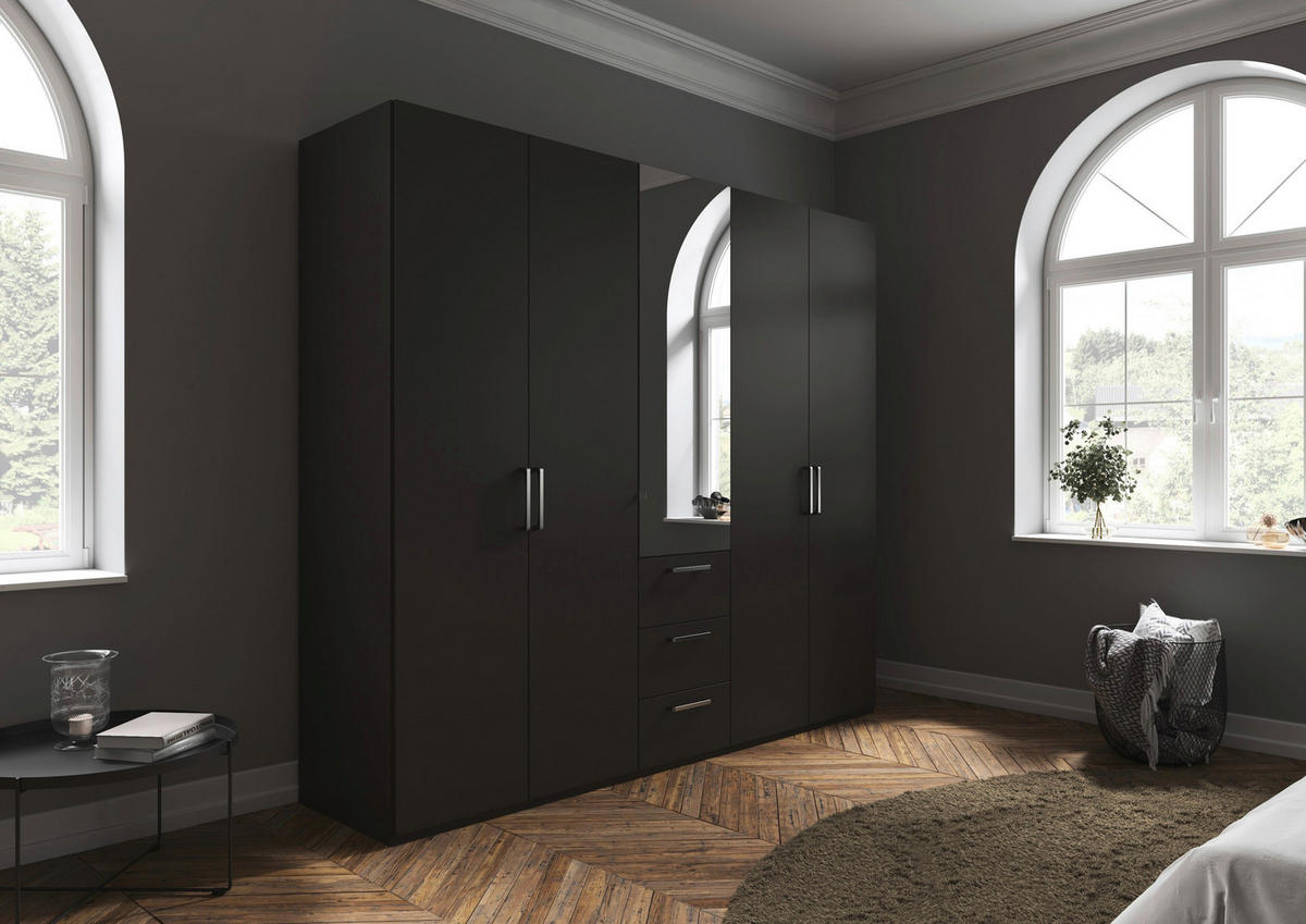 DREHTÜRENSCHRANK 251/235/61 cm,  in Graphitfarben, 5-türig  - Chromfarben/Edelstahlfarben, Basics, Glas/Holzwerkstoff (251/235/61cm) - Novel