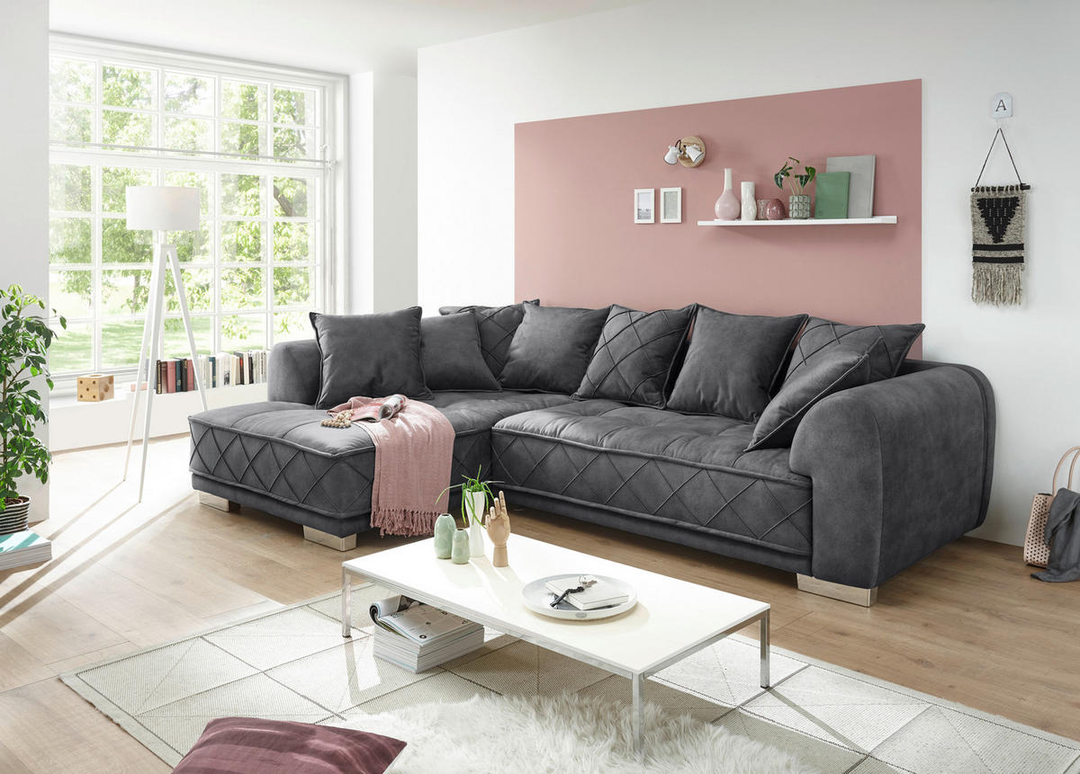 ECKSOFA in Mikrovelours Anthrazit  194/319 cm  - Anthrazit/Silberfarben, Basics, Holzwerkstoff/Kunststoff (194/319cm) - MID.YOU