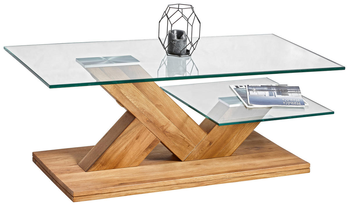 COUCHTISCH Eiche massiv Klarglas 110/60/44 cm rechteckig Eichefarben, Transparent  - Eichefarben/Transparent, Design, Glas/Holz (110/60/44cm) - Linea Natura
