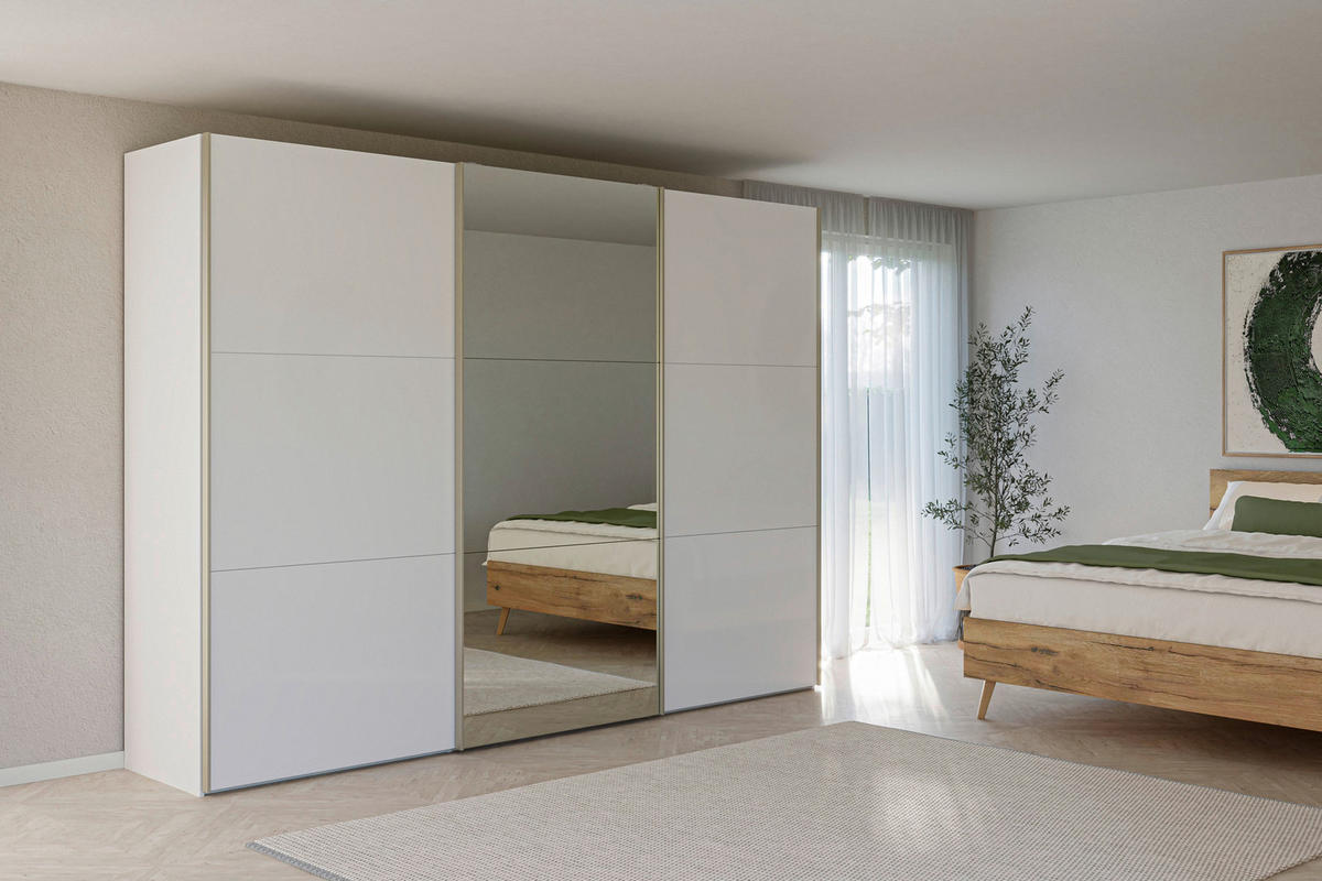 SCHWEBETÜRENSCHRANK 303/220/65 cm 3-türig Weiß  - Edelstahlfarben/Weiß, Design, Glas/Holzwerkstoff (303/220/65cm) - Jutzler