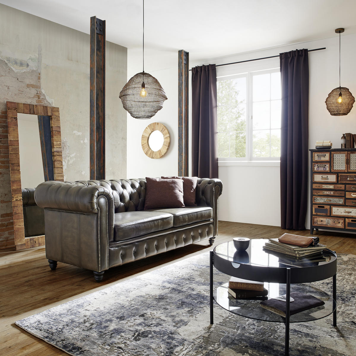 SEDAČKA CHESTERFIELD, koža, čierna, taupe - čierna/taupe, Lifestyle, koža (212/81/94cm) - Ambia Home
