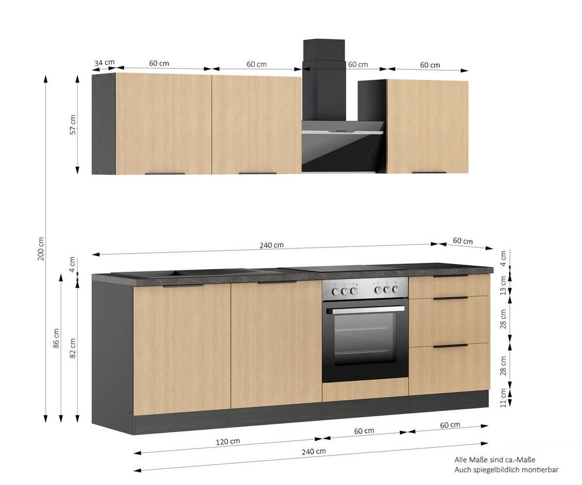 KÜCHENBLOCK 240 cm   in Graphitfarben, Eichefarben  - Eichefarben/Schwarz, Lifestyle, Holzwerkstoff/Metall (240cm) - Held