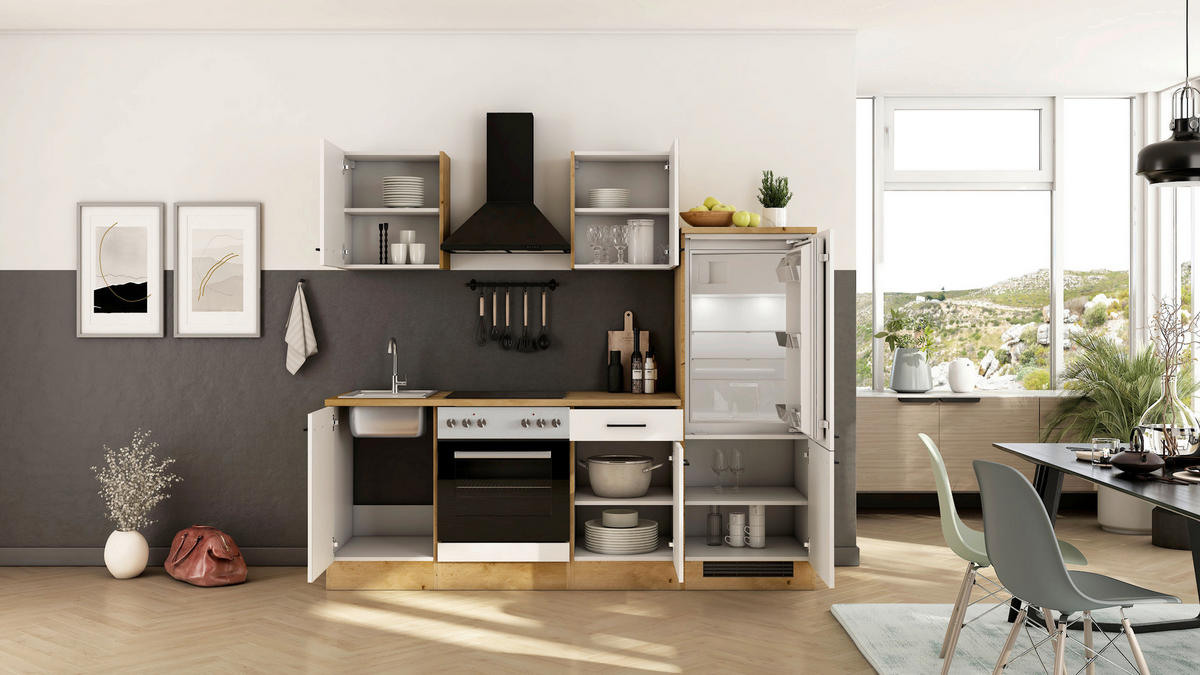 KÜCHENBLOCK 220 cm  in Eichefarben, Magnolie  - Eichefarben/Magnolie, Trend, Holzwerkstoff/Metall (220cm) - FlexWell