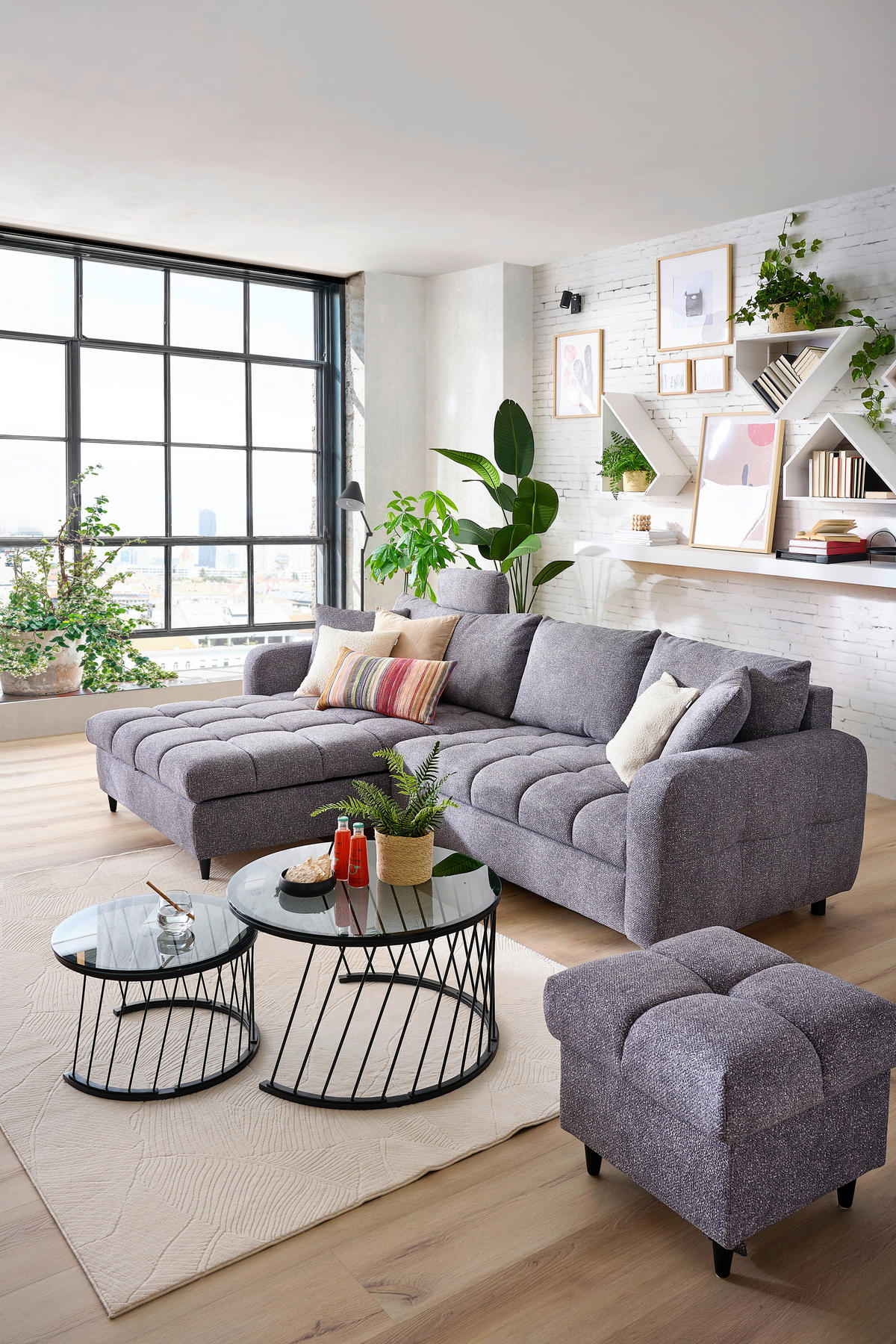 ECKSOFA in Velours Grau  - Schwarz/Grau, MODERN, Holz/Textil (282/184cm) - Lomoco