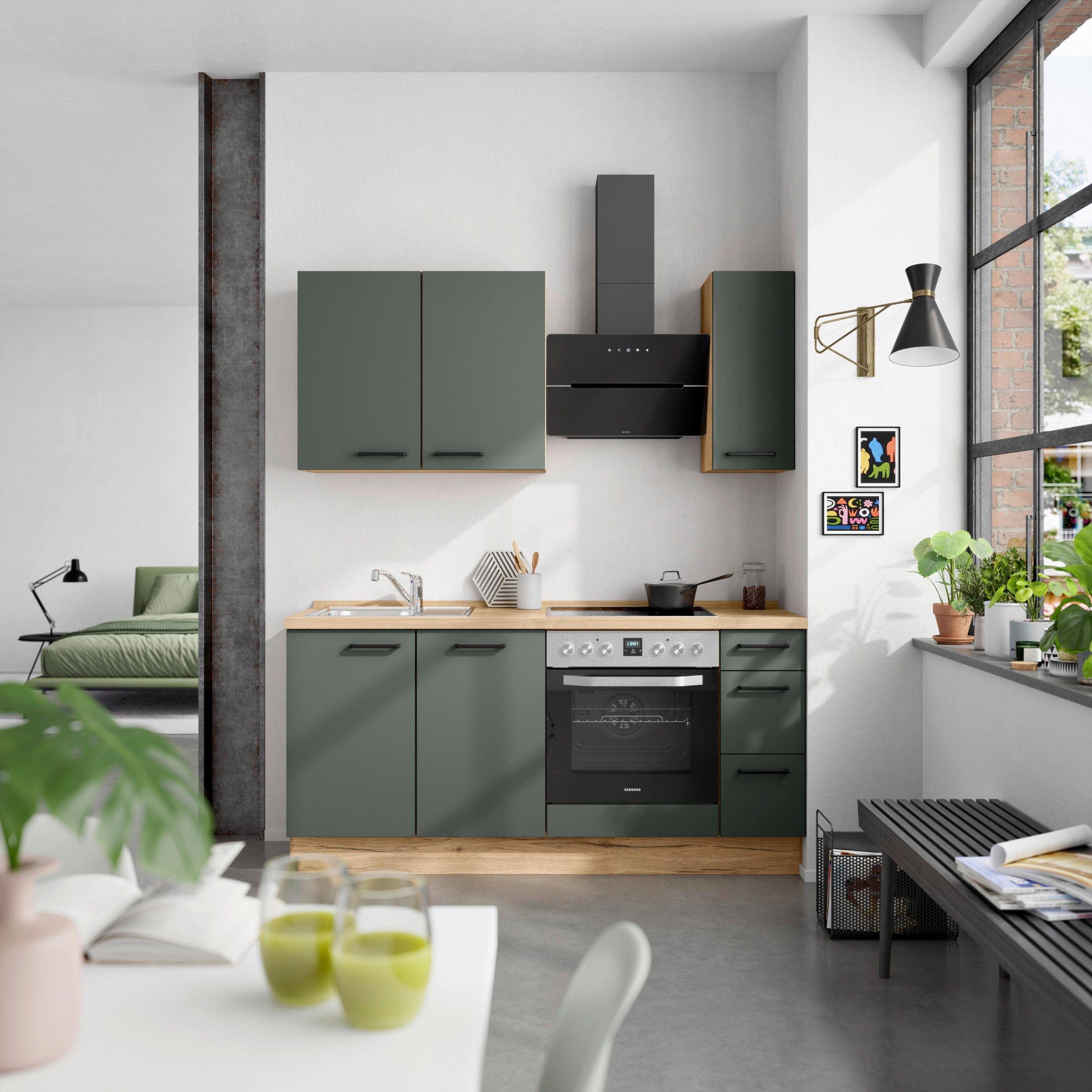 KÜCHENBLOCK Easytouch 180 cm  in Eichefarben, Dunkelgrün  - Dunkelgrün/Eichefarben, MODERN, Holzwerkstoff/Metall (180cm) - Nobilia