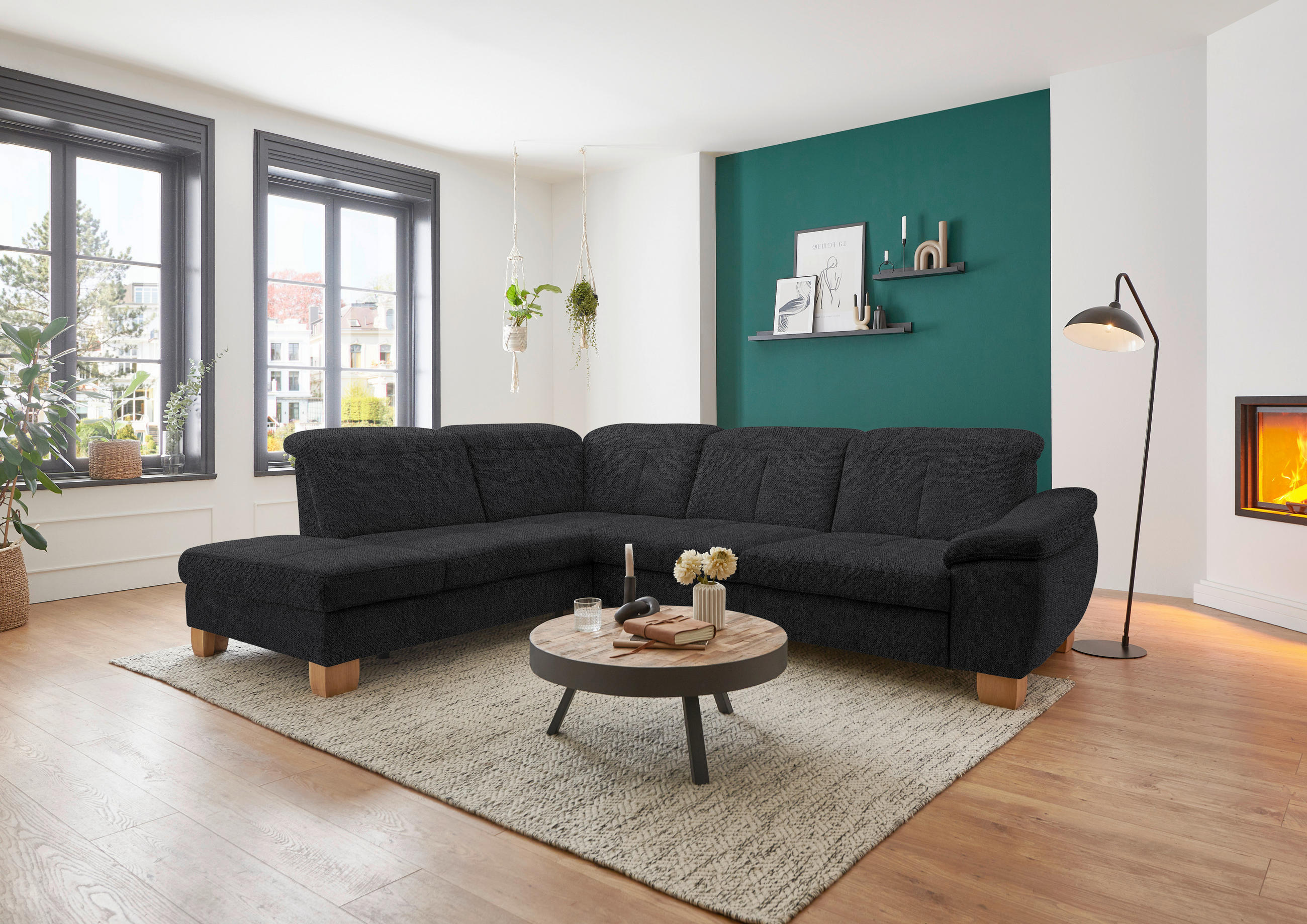 ECKSOFA in Flachgewebe Schwarz  - Wildeiche/Schwarz, Natur, Holz/Textil (243/301cm) - Voleo