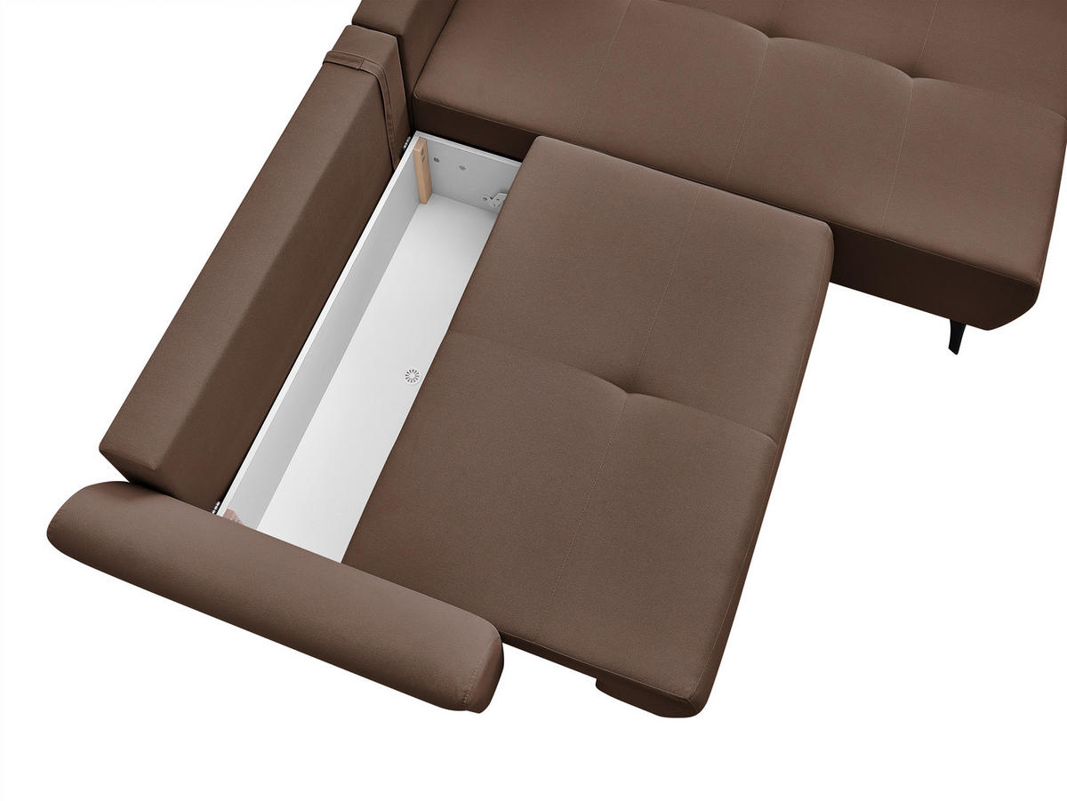 ECKSOFA GEMMA Dunkelbraun Flachgewebe Zierkissen, Rückenkissen, Bettkasten, Schlaffunktion, Rücken echt, Stauraum  - Dunkelbraun/Schwarz, Design, Textil/Metall (270/183cm) - P & B