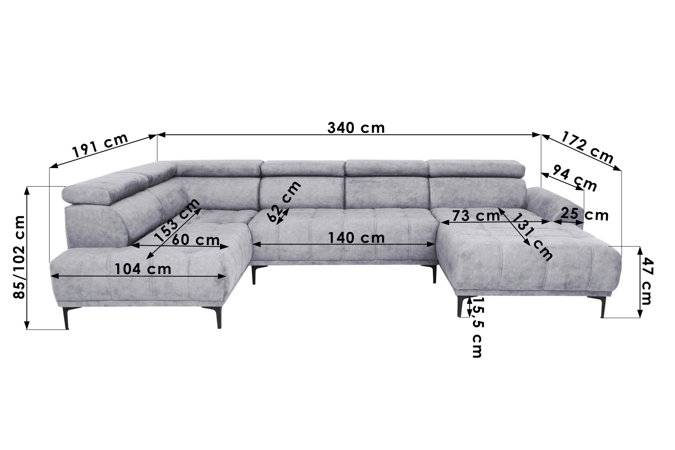 Thumbnail - Stylife Wohnlandschaft, Hellgrau, Textil, 4-Sitzer, Ottomane links, U-Form, 340x191 cm, Typenauswahl, Stoffauswahl, seit...