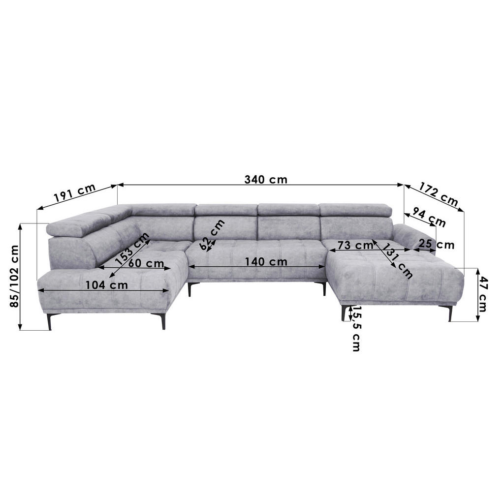 Thumbnail - Stylife Wohnlandschaft, Grau, Textil, 4-Sitzer, Ottomane links, U-Form, 340x191 cm, Typenauswahl, Stoffauswahl, seitenve...