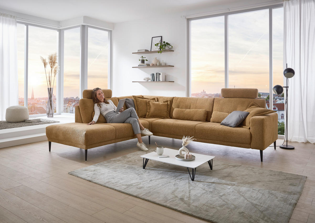ECKSOFA in Chenille Senfgelb  - Senfgelb/Schwarz, Design, Textil/Metall (254/303cm) - Dieter Knoll