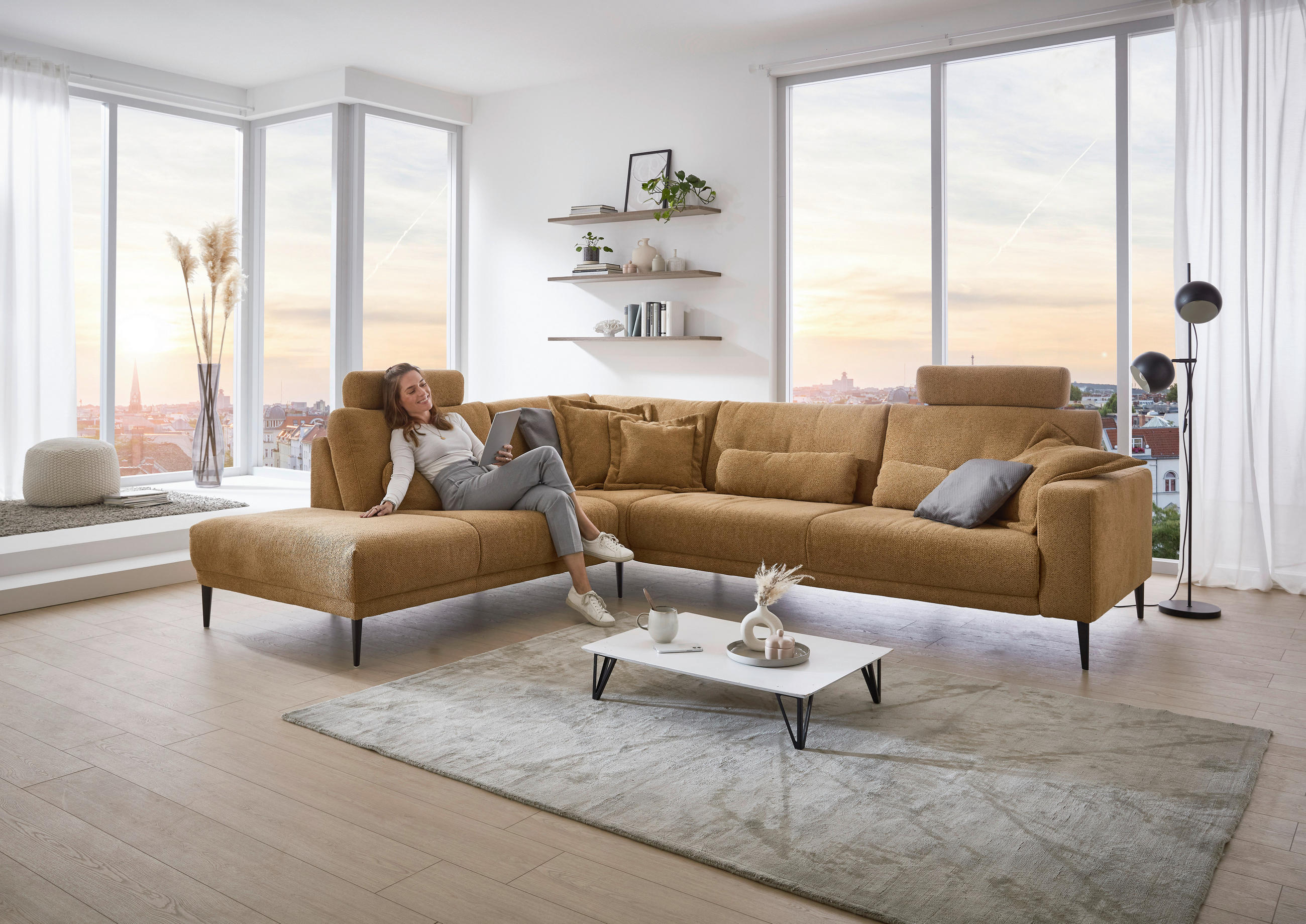 Thumbnail - Dieter Knoll Ecksofa Dieter Knoll, Senfgelb, Textil, 3-Sitzer, Ottomane links, L-Form, 303x254 cm, Goldenes M, Typenausw...