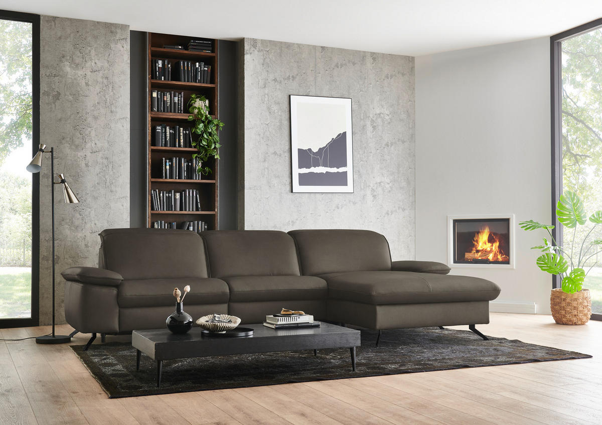 ECKSOFA  Echtleder Graubraun  - Graubraun/Schwarz, Design, Leder/Metall (307/169cm) - Beldomo Premium