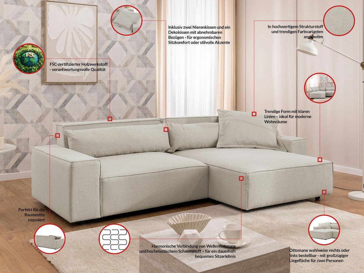 ECKSOFA Curduroy in Webstoff Ecru Rückenkissen  251/142 cm  - Ecru/Schwarz, Design, Kunststoff/Textil (251/142cm) - P & B
