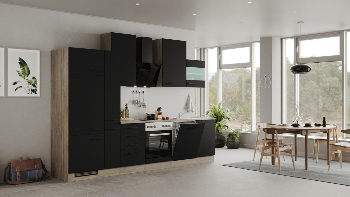 KUCHYNSKÁ LINKA CAPRI 310 - čierna/farba duba, Modern, kov/kompozitné drevo (310cm) - FlexWell