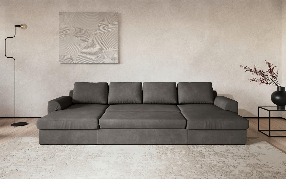 WOHNLANDSCHAFT Grau Mikrofaser  - Schwarz/Grau, Trend, Kunststoff/Textil (154/327/86cm) - MID.YOU