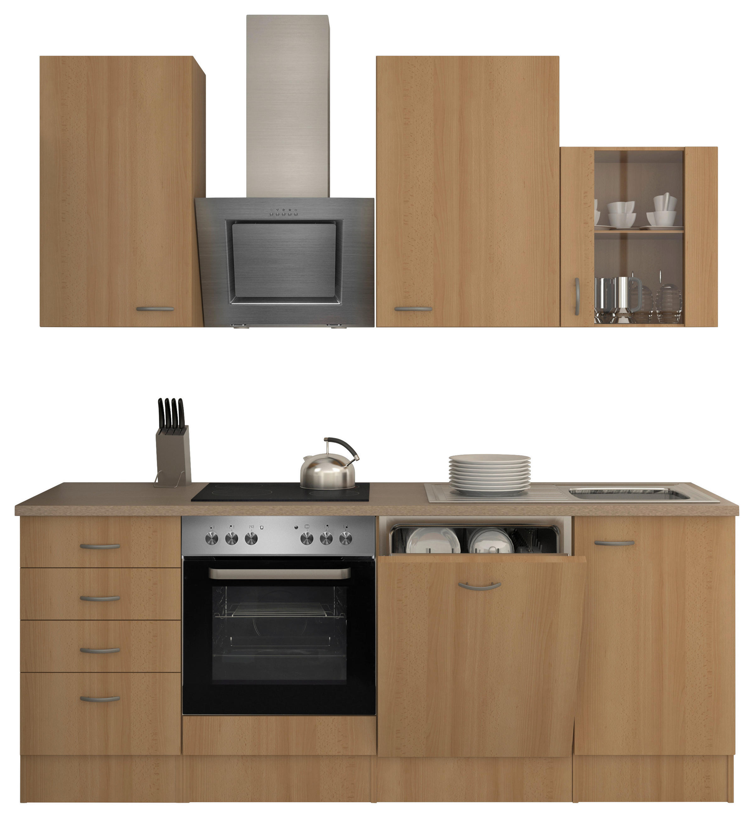 KÜCHENBLOCK 220 cm in Buchefarben - Edelstahlfarben/Beige, MODERN, Glas/Holzwerkstoff (220cm) - FlexWell