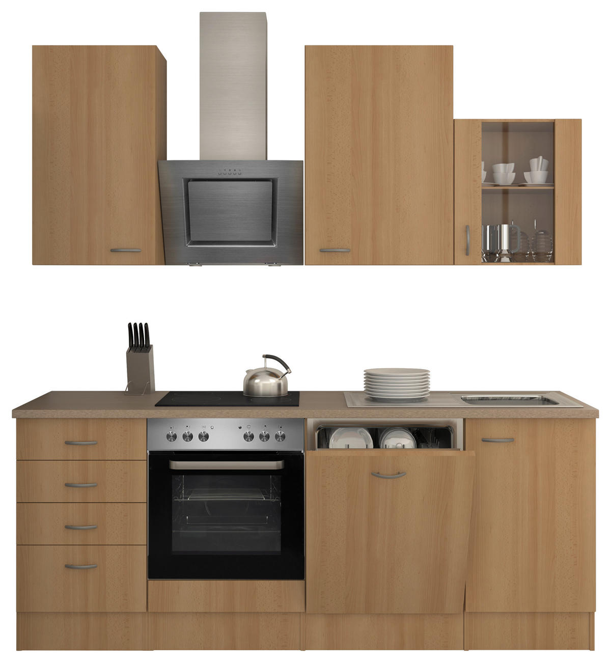 KÜCHENBLOCK 220 cm   in Buchefarben  - Edelstahlfarben/Beige, MODERN, Glas/Holzwerkstoff (220cm) - FlexWell