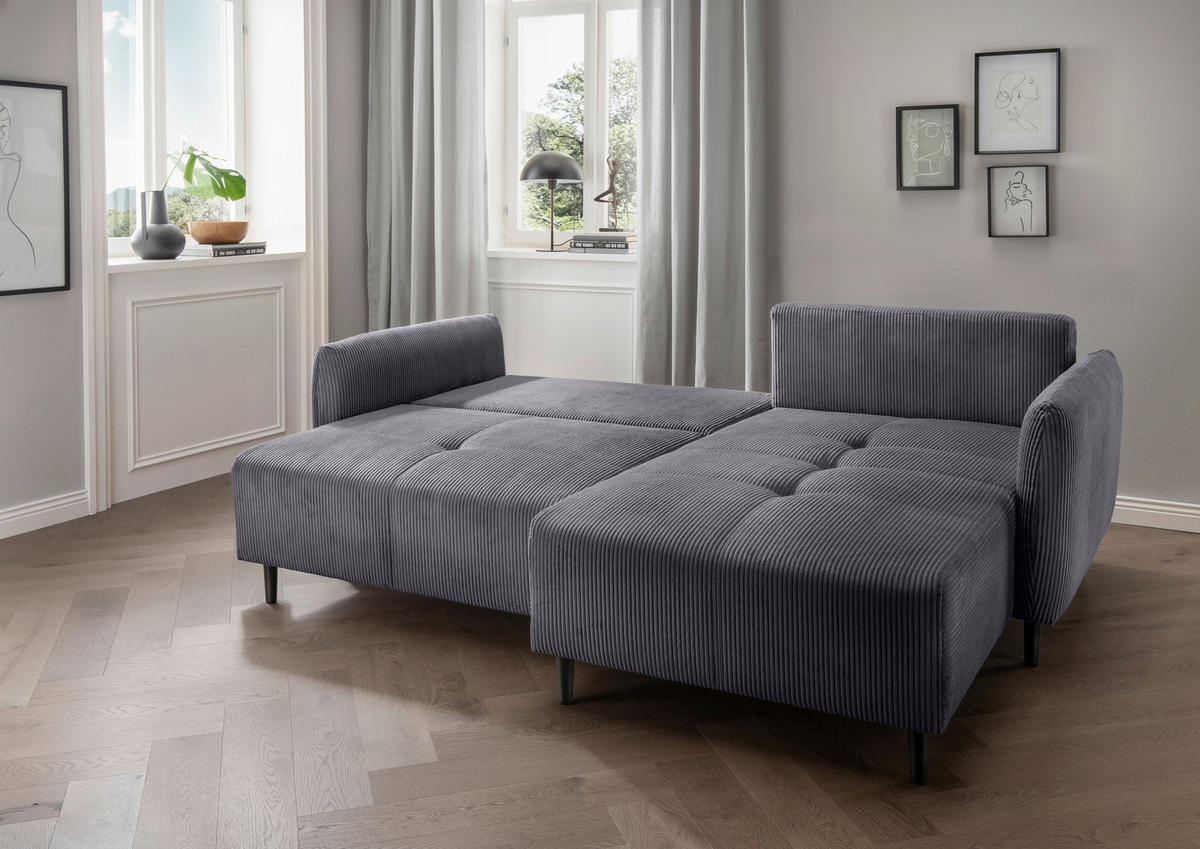 ECKSCHLAFSOFA Cord Grau  - Schwarz/Grau, Basics, Holz/Textil (238/174cm) - Livetastic