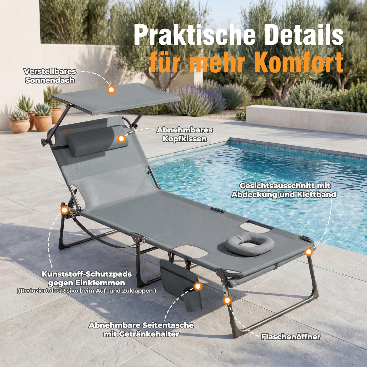 SONNENLIEGE 70/34/200 cm  - Dunkelgrau/Anthrazit, Basics, Textil/Metall (70/34/200cm) - Modante