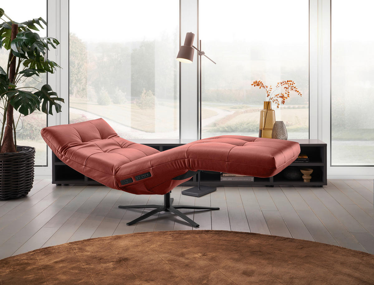 RELAXLIEGE in Echtleder Rot  - Rot/Schwarz, MODERN, Leder/Metall (82/53-115/156-206cm) - Pure Home Comfort