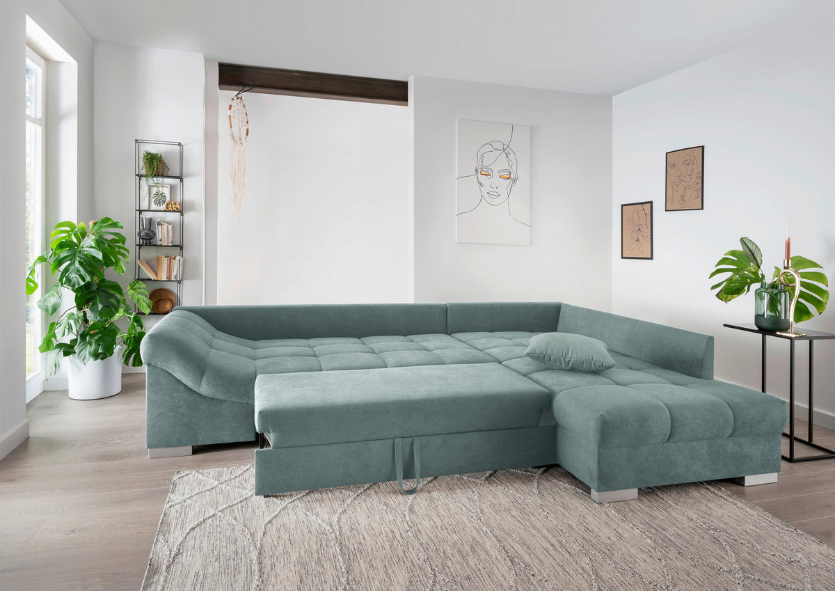 ECKSCHLAFSOFA in Mintgrün Textil   - Silberfarben/Mintgrün, Design, Holz/Textil (298/202cm) - MID.YOU