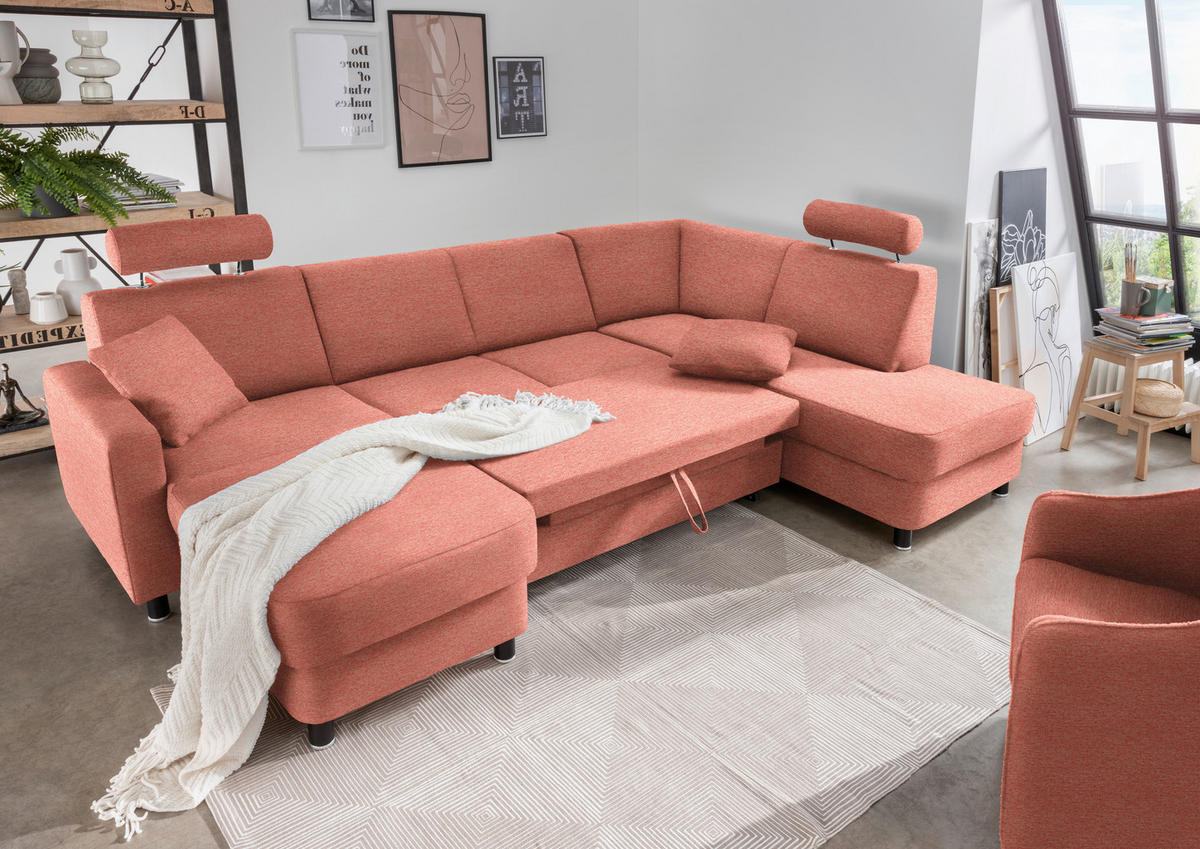 WOHNLANDSCHAFT in Webstoff Koralle  - Koralle/Schwarz, Design, Holz/Textil (165/296/198cm) - Xora