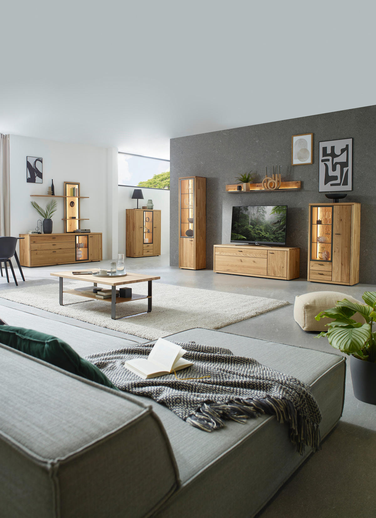 WOHNWAND  in Dunkelgrau, Wildeiche  324/202/45 cm  - Wildeiche/Dunkelgrau, Design, Glas/Holz (324/202/45cm) - Valnatura