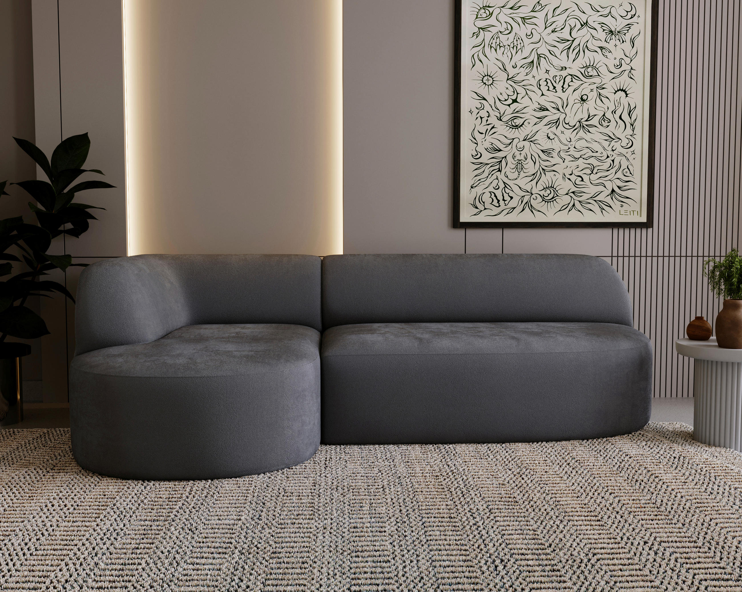 ECKSOFA  LEILA Dunkelgrau Chenille  - Dunkelgrau/Schwarz, Design, Kunststoff/Textil (156/218cm) - Livetastic