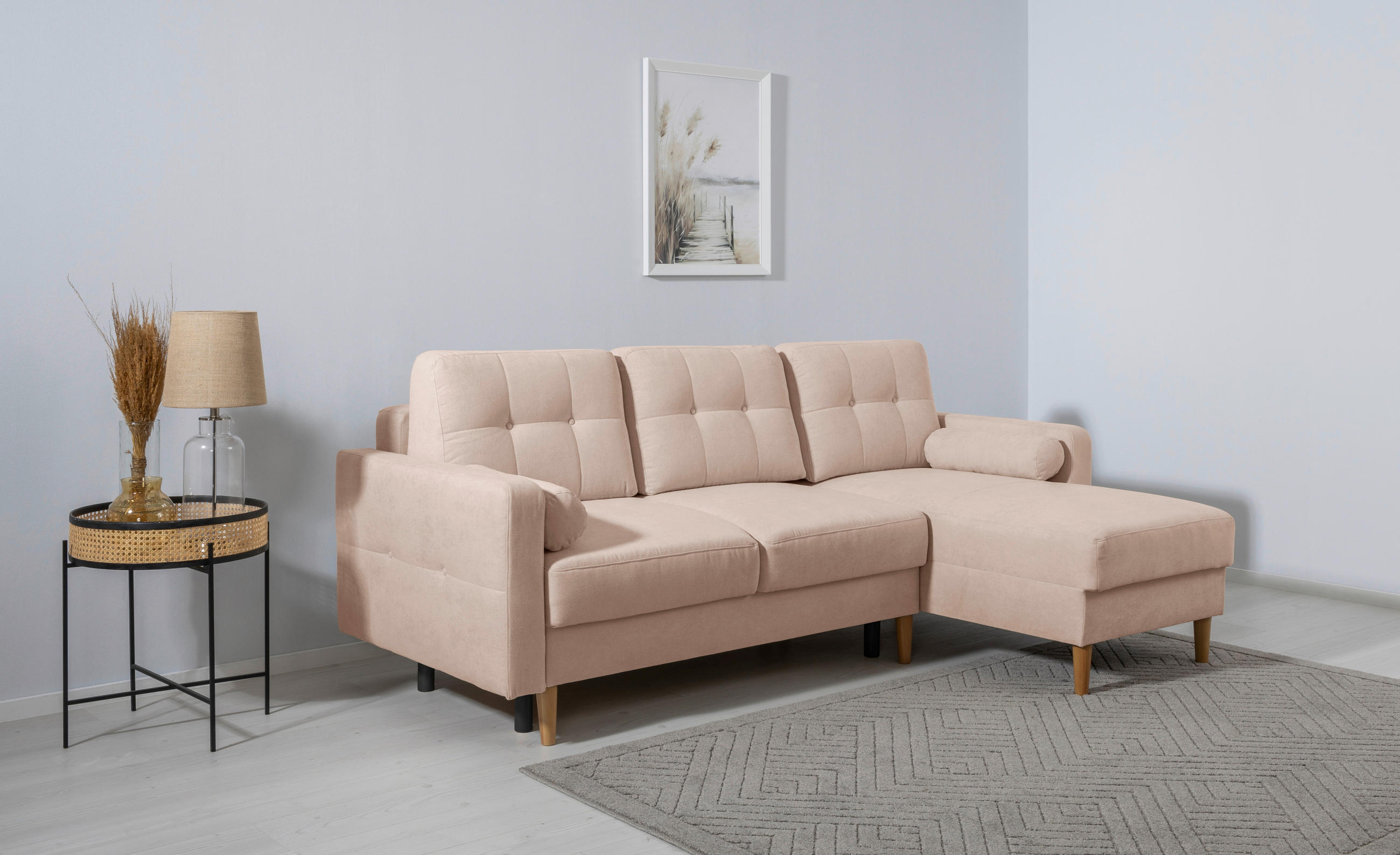 ECKSOFA Noret Creme Rückenkissen, Armlehnenkissen, Bettkasten, Schlaffunktion  - Beige/Buchefarben, Design, Holz/Textil (223/157cm) - MID.YOU